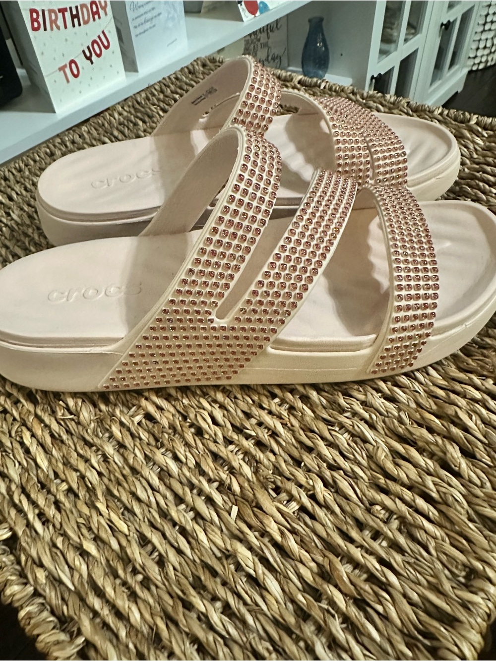 CROCS Women's Rose Gold Triple-Strap Crystal Slide Sandals NEVER BEEN WORN! - Picture 2 of 3
